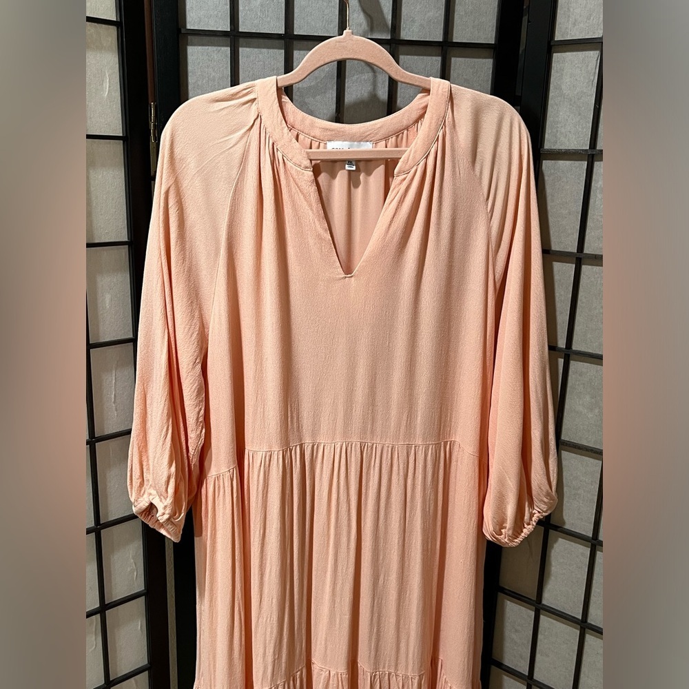 GIBSON LATIMER Peach Tiered V-Neck QUARTER LENGTH Sleeve Dress WOMEN SIZE XXL